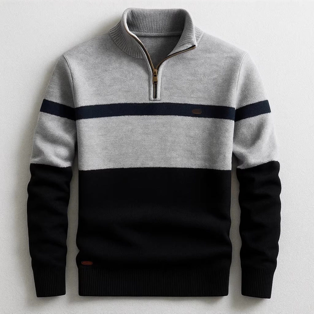 Business Stand-collar Knitwear Half-zip Long-sleeve T-shirt Color-block Pullover Sweaterpremium Quality