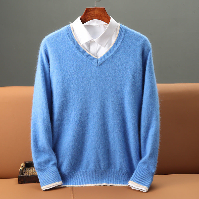 Warm Knitted Wool Sweater With A V-neck And Pullover Design