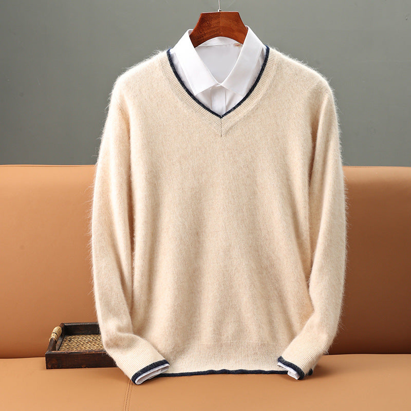 Warm Knitted Wool Sweater With A V-neck And Pullover Design
