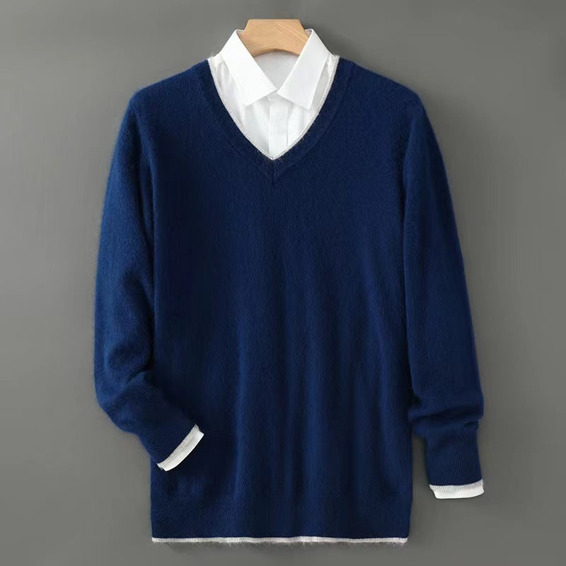 Warm Knitted Wool Sweater With A V-neck And Pullover Design