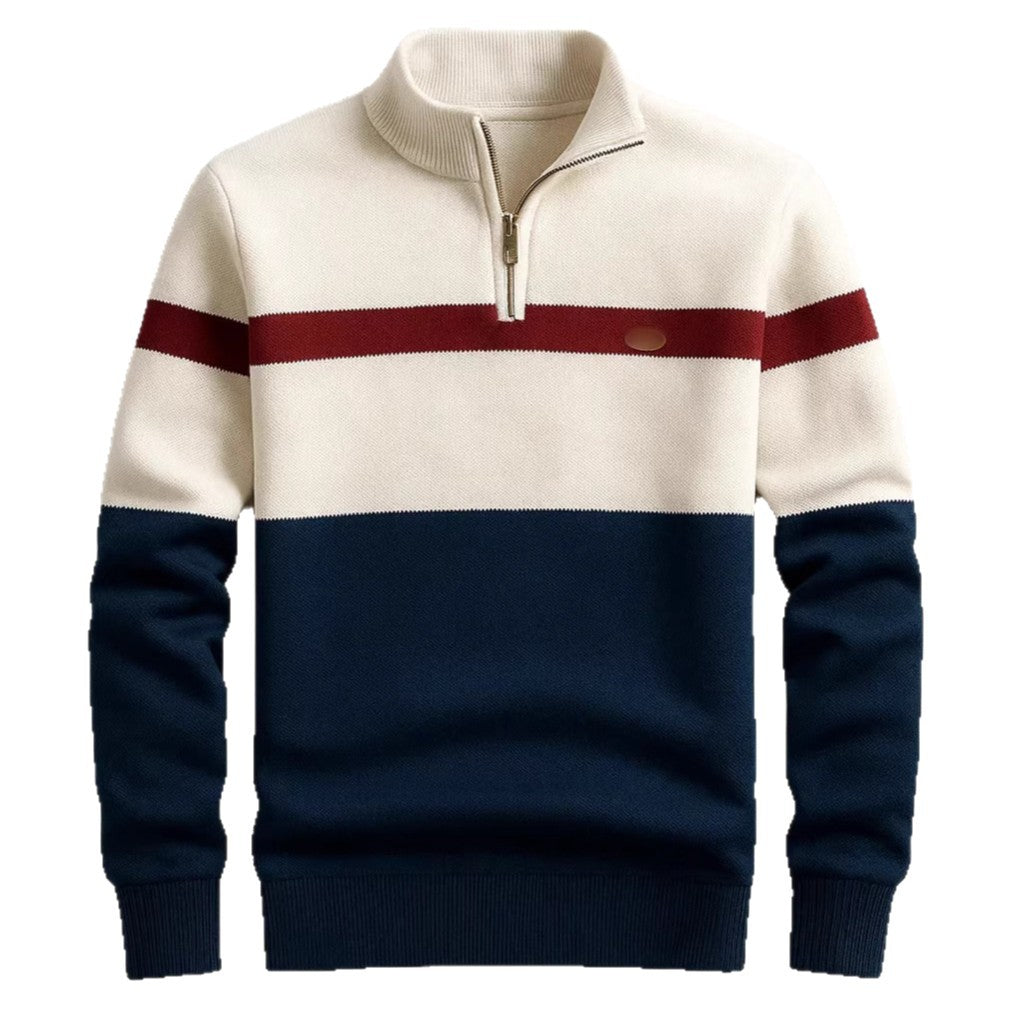 Business Stand-collar Knitwear Half-zip Long-sleeve T-shirt Color-block Pullover Sweaterpremium Quality