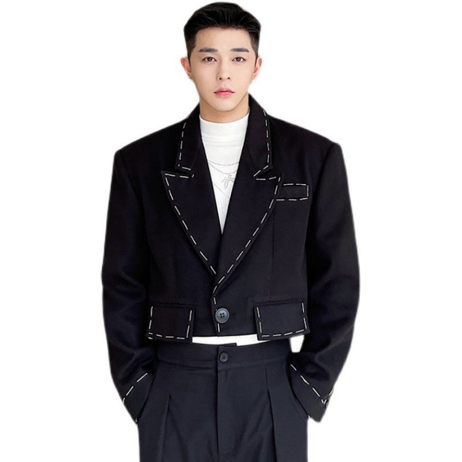 Men's Black Short Suit Jacket With Distinctive Hand-Stitched Detailing