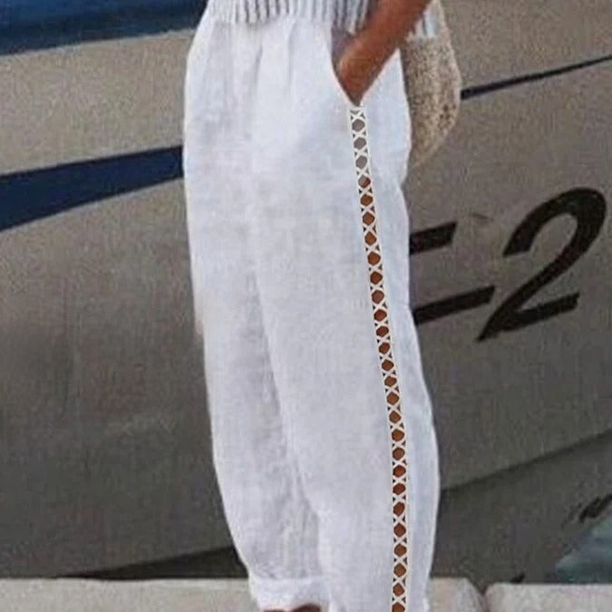 Best-selling Womens Solid-color Casual Hollow-out Cotton-linen Pants For Summer