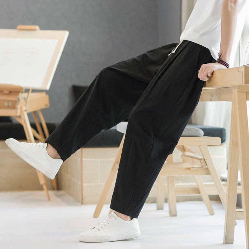 Mens Cotton-linen Relaxed-fit Straight-leg Casual Pants