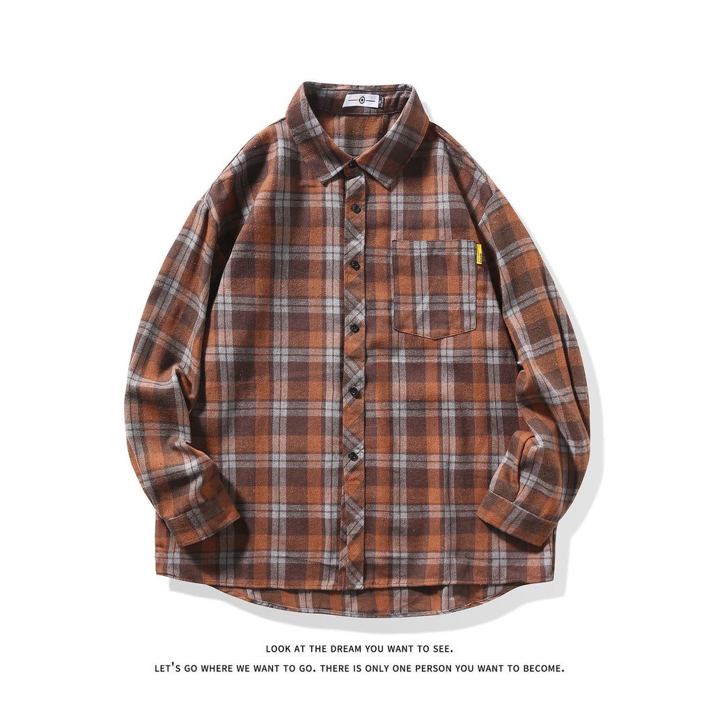 Mens Loose-fitting Casual Long-sleeve Plaid Shirt