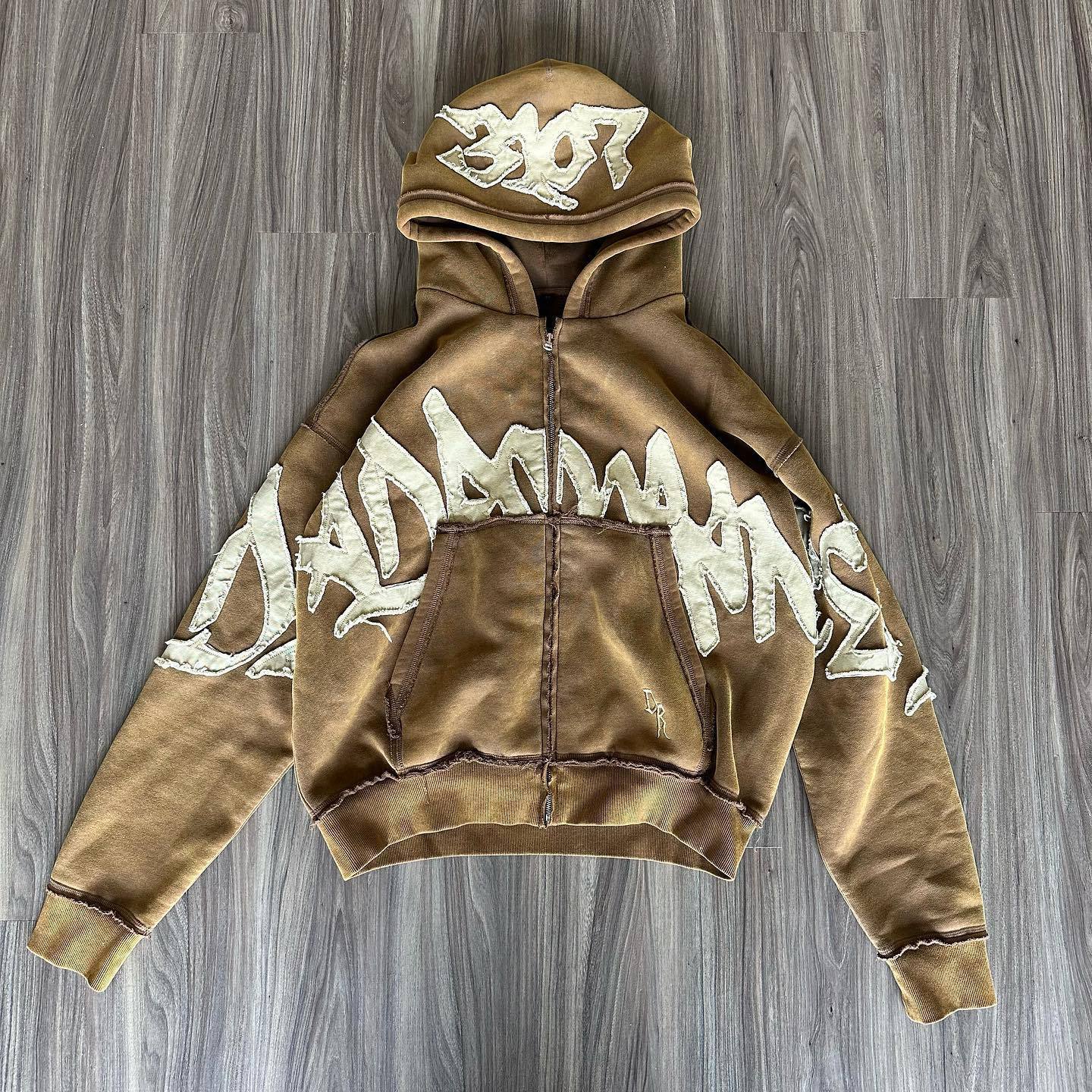 Hooded 3D Letter Print Loose Zip-Up Sweatshirt