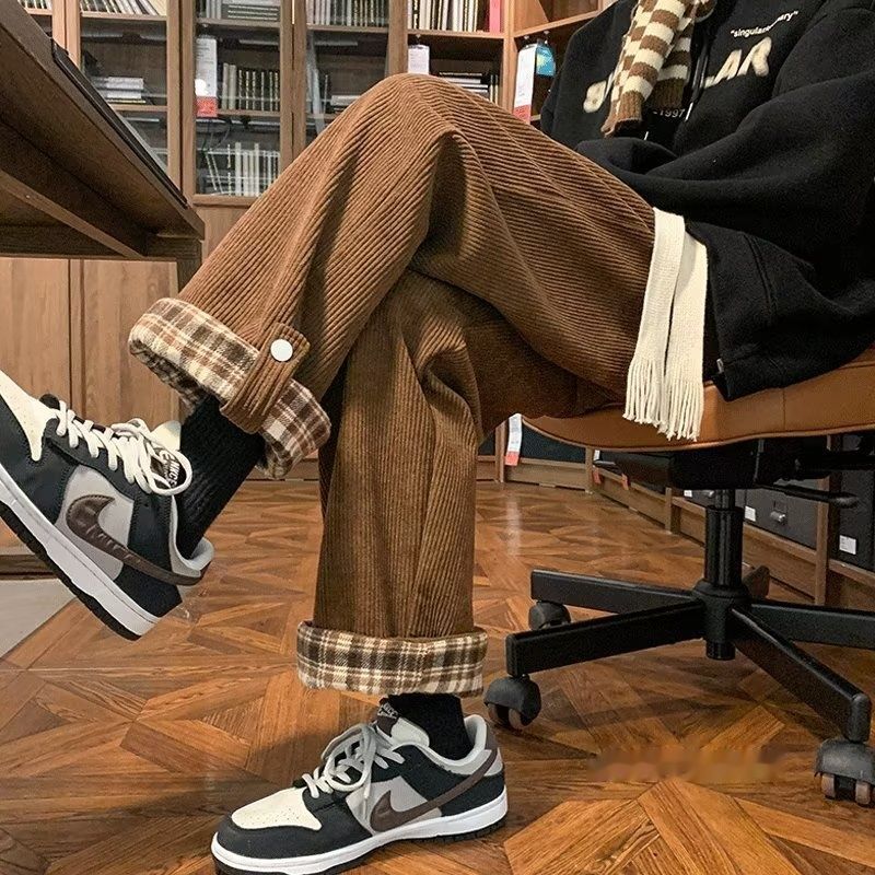 Plaid-cuffed Straight-leg Loose-fit Vintage Mens Casual Trousers