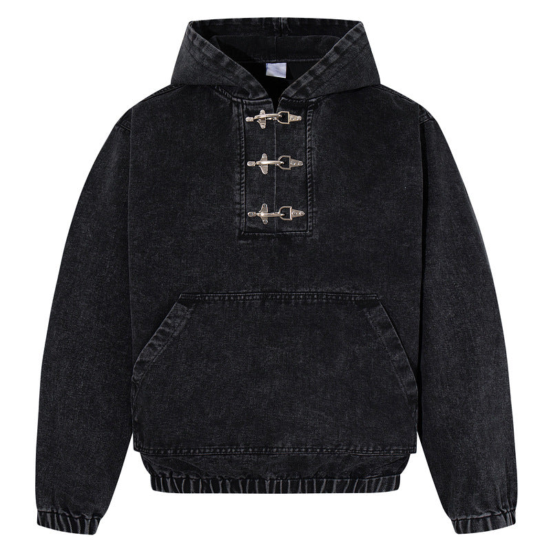 Mens Black Hoodie With Distressed Wash And Lobster-claw Button Detailing