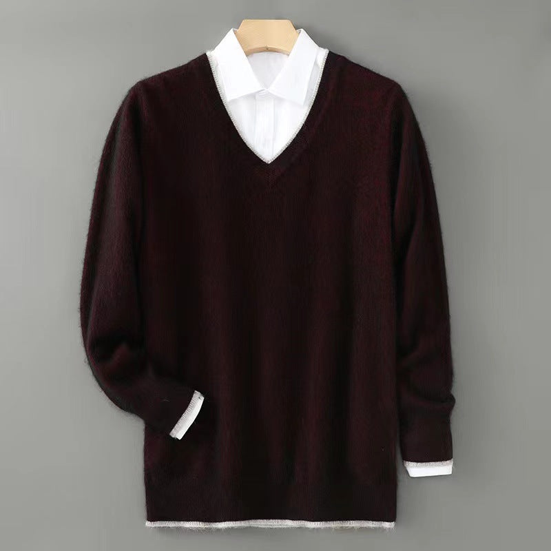 Warm Knitted Wool Sweater With A V-neck And Pullover Design